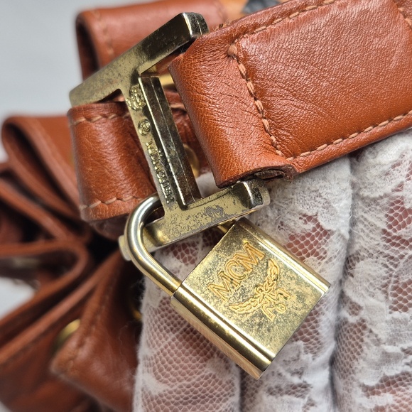 MCM Cognac Leather Drawstring Shoulder Crossbody Bucket Bag with Charm - Picture 10 of 17